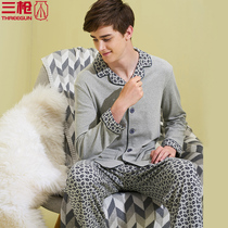 Three Guns Pajamas Men Shufu Cotton Lapel Collar Full Placket Long Sleeve Pants Men Cotton Home Clothing Set 81393