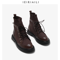 Wild lace-up thick-soled Martin boots Womens British style booties spring and Autumn boots Leather knitted thin elastic sock boots