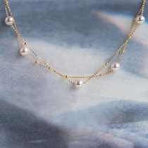 (Wing Jumbo) Starry 18k gold chain akoya Sea pearl Double layer Bracelet