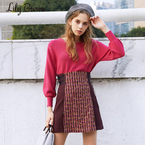 Lily Brown Autumn and winter new plaid stitching lace-up wool skirt LWFS184154