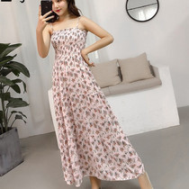 Very affordable hot sale cheap seaside holiday one-word collared floral print dress suspender long skirt