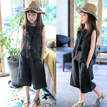 Girls net red suit summer 2022 new style middle and big childrens foreign style cotton and linen loose striped fashionable wide-leg pants two-piece set