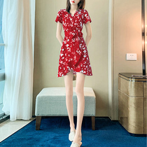  Summer red floral V-neck dress summer 2021 new female waist thin retro temperament womens summer clothes