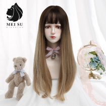 Golden wig female long hair net red gradient color long straight hair natural simulation full headgear lolita color wig set