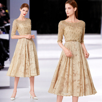 Dress skirt women 2021 new elegant demure atmosphere Wedding banquet party Apricot thin mid-long evening dress