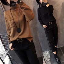 Fat mm autumn and winter large size womens long-sleeved T-shirt womens knitwear thin belly cover top sweater base shirt 200 pounds