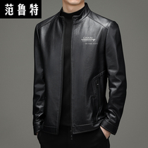 Autumn Winter Hainen genuine leather mens short leather clothing mens jacket standing collar floor Bull Leather Middle-aged Business Bull Leather Jacket Thick