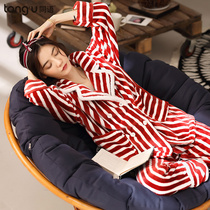 The same language autumn and winter pajamas female coral velvet thickened medium and long warm womens home clothes winter flannel suit