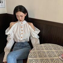 Dew Shoulder Long Sleeve Hanging Neck Blouse Womens Summer New Design Sensation Small Crowdsourced Fashion Shirt Loose White Shirt