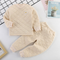 Childrens thermal underwear set padded cotton pure cotton 1-6 years old baby three layers of warm thickened cotton winter and autumn clothes and pants