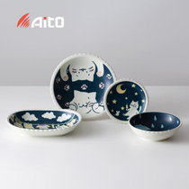 Japanese original Imported Beauty Thick Burning Dish Cartoon Cat Ceramic Deep Mouth Bowl Pan Flower Cat White Cat Food Rice Bowl