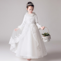 Winter childrens dress Princess skirt long sleeve girl flower girl piano performance clothes birthday evening dress thickened plus Velvet