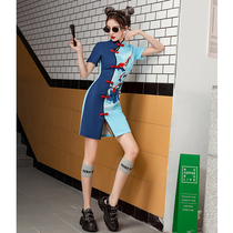 National tide cheongsam 2021 new summer young girl blue modified retro dress short small man