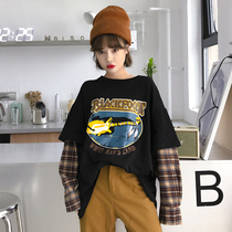 Long jazz hip hop top female hiphop jazz dance street dance tide clothes plaid loose fake Two T-shirt