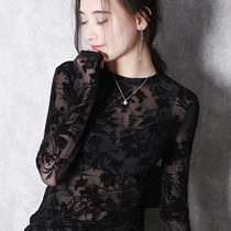 European Standing New Fashion European Goods Web Yarn Long Sleeves High Collar High Neckline Dresses Foreign Air Black Lace Jersey Undershirt Woman Autumn