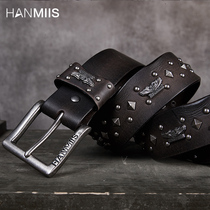 HMS Heavy Industry Motorcycle Harley Belt Studded Head Cowhide Leather Belt Men's Leather Pin Buckle Belt Jeans