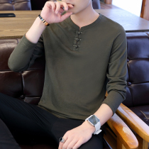 Rich Guido China Wind Long sleeves T-shirt male and Korean version Trend round collar linen pure color Youth casual handsome undershirt