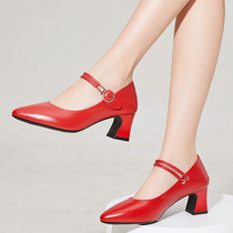 Red medium heel shoes womens soft leather word buckle womens shoes high heel wild leather soft bottom spring 2021 new leather shoes