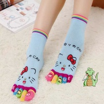 Girls socks cute super cute six pairs of cartoon five-finger socks ladies cotton expression Korean version of middle tube childrens toe