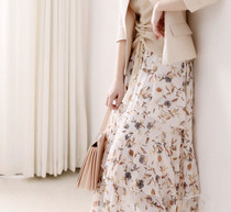 Floral skirt summer new French niche Chiffon irregular a-line high waist thin flower cake dress long dress