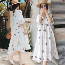 Pregnant womens summer dress thin super long cover belly does not show pregnancy foreign atmosphere out printing two-piece set