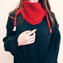 Cute autumn and winter solid color knitted tide female flow Su small scarf thickened warm black triangle scarf collar ornament