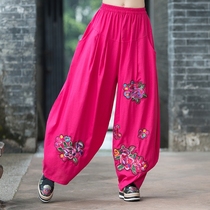 Spring 2021 new large size National style linen embroidered trousers loose wide leg casual pants blooming crotch