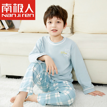 Nanjiren Childrens Pajamas Spring and Autumn Thin Boys Air-Conditioned Cotton Cotton Middle-aged and Big Childrens Summer Boys Homewear Set