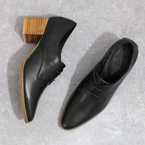Genuine leather lacing pointed single shoe coarse heel deep mouth high heel shoes female Inn wind small leather shoes temperament 100 hitch professional womens shoes