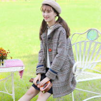  Autumn and winter girl clothing college wind fur coat Junior high school girls houndstooth hooded high school student fur coat