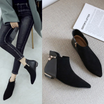 Flat ankle boots womens autumn and winter new Korean version pointed toe leather nubuck leather and bare boots flat heel Martin boots womens boots
