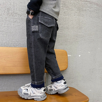 2021 New Winter children plus velvet jeans in big children warm pants foreign boy thick trousers childrens clothing