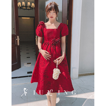 Pregnant Woman Toast Bridal Wine Red Color Engagement Dress Summer Big Code Fat Mm Princess Gown Back Door Square Collar Woman