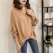 Korean version of small shirt womens autumn size womens loose fat mm top womens long sleeve T-shirt long chiffon base