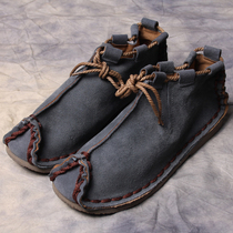  Spring and autumn retro Chinese style casual leather shoes Leather mens shoes anti-fur mid-help shoes Tibetan grassland fur cowhide shoes