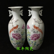 Jingdezhen Cultural Revolution Porcelain Factory goods porcelain pastel hand-painted birds and flowers binaural vase Cultural Revolution collection