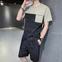 Ice silk short sleeve T-shirt mens summer trend leisure sports suit mens set with handsome summer clothes Tide brand T
