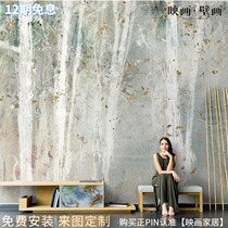 Nordic abstract hand-painted birch forest landscape wallpaper living room TV background wallpaper sofa seamless mural wall cloth