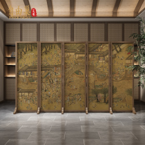 Chinese solid wood folding screen blocking office living room entrance ancient Chinese painting Qingming Shanghe landscape landscape folding screen