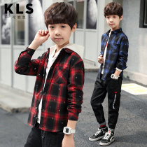 Autumn Boys long-sleeved shirt spring and autumn 2021 new medium-sized childrens foreign style plaid shirt Korean version of tide clothes childrens clothing