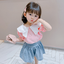  Girls  summer suit Western style 2021 summer plaid shirt childrens denim skirt baby Korean version of the net red two-piece set