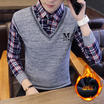 Autumn and winter men long sleeve shirt plus velvet warm base shirt fake two pieces Spring and Autumn thick shirt trend inch shirt