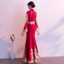 Wine red toast bride winter long fishtail Chinese wedding thin cheongsam evening dress womens long sleeves