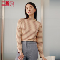 Three guns high collar base shirt Womens striped long sleeve T-shirt autumn color strip dense cotton free collar women Autumn Winter 23574