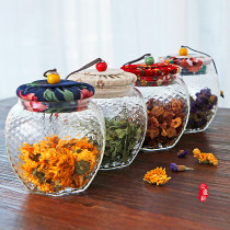 Hammer Pattern Glass Tea Leaf Jars Wood Lid Cloth Art Printed Burqa Snack Candy Jar Subhexagonal Flower Tea Jar Sealed Jar