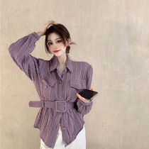 Strap waist long sleeve shirt women 2021 spring dress new Han fan style design sense niche fashion shirt top