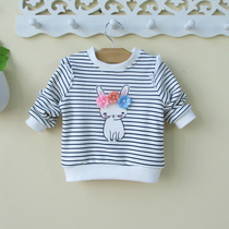 0-1-2-3 years old children baby girl plus velvet sweater spring and autumn baby childrens clothing stripes Korean version of foreign atmosphere cute tide 4