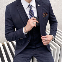 Suit suit Mens business casual striped professional formal three-piece suit Groom wedding suit Mens wedding dress