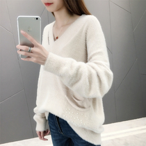 Lazy wind sleeve sweater woman 2022 new loose wild hoodie V-collar long sleeve knitted beads and hit the base shirt autumn winter