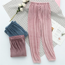 Thin velvet couple pajamas womens autumn and winter flannel shut-up home pants Coral velvet bunched feet small pants men loose